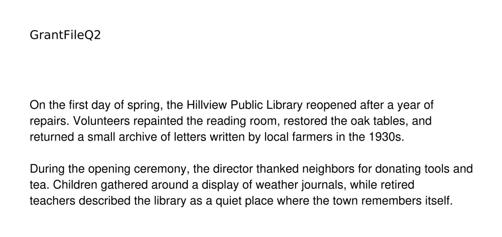 Rendered PDF page: a news article about Hillview Public Library reopening after repairs